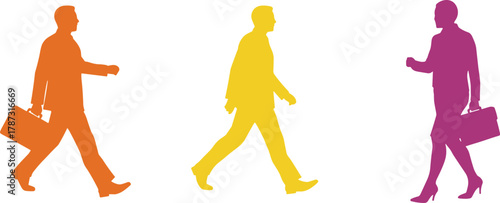 Three colorful businesspeople silhouettes walking with briefcases, diversity in workplace attire concept, cad drawing flat vector illustration
