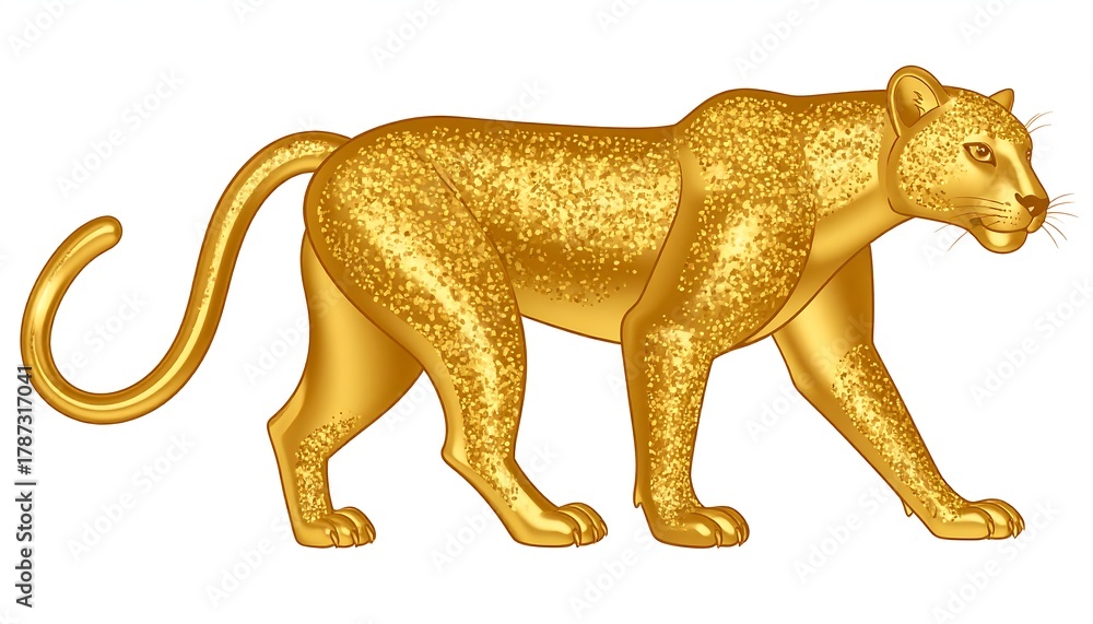Obraz premium Digitally created, majestic golden feline, prowling on a white background