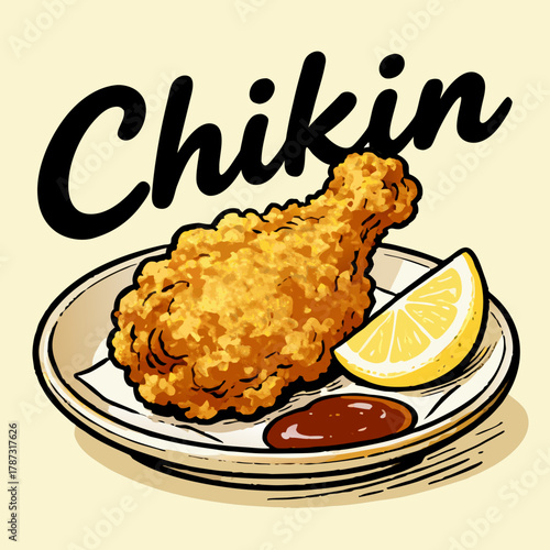 Korean chikin, vector illustration of a golden brown fried chicken leg on a plate with a fresh lemon wedge and dipping sauce