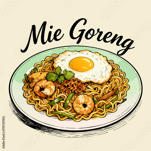 Mie goreng, vector illustration of a delicious Indonesian fried noodle dish with shrimp and a sunny-side-up egg
