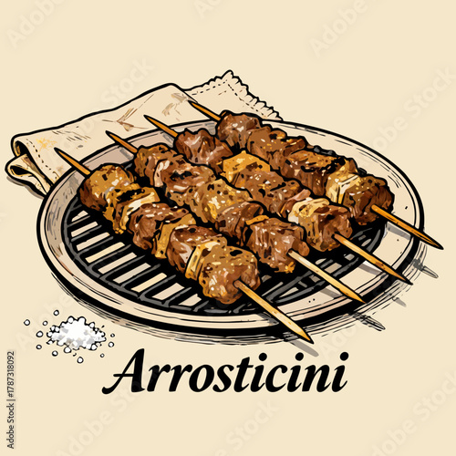 A detailed sketch illustration of traditional Italian grilled lamb skewers served on a small round grate with a side of salt, arrosticini