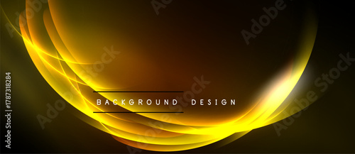 Abstract golden light curves form elegant backdrop. Dark background emphasizes bright, flowing lines, creating dynamic visual effect.