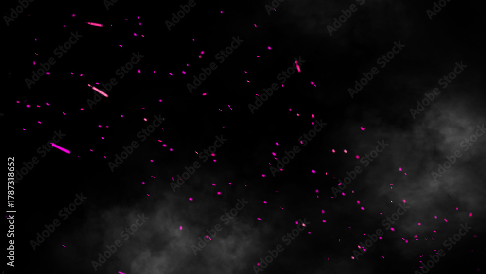 Fototapeta premium Perfect pink fire particles embers texture. Abstract flying sparkle in smoke. Fog on isolated overlays black background. Stock illustration.