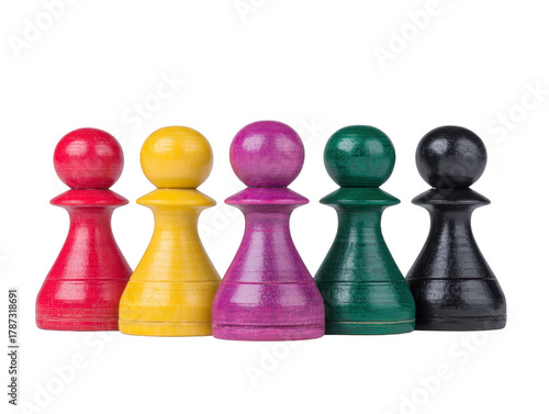 Five colorful wooden chess pawns in red yellow purple green and black stand in row on transparency background symbolizing diversity teamwork and unity in playful creative way