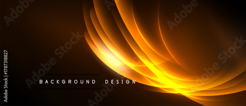 Abstract golden waves radiate from bright center. Dark background emphasizes luminous curves, creating dynamic visual effect.