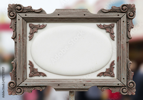 Wooden Frame with Oval Sign Blank Space for Advertising or Information, Ornate Design, Vintage Style, Empty, Retro, Background