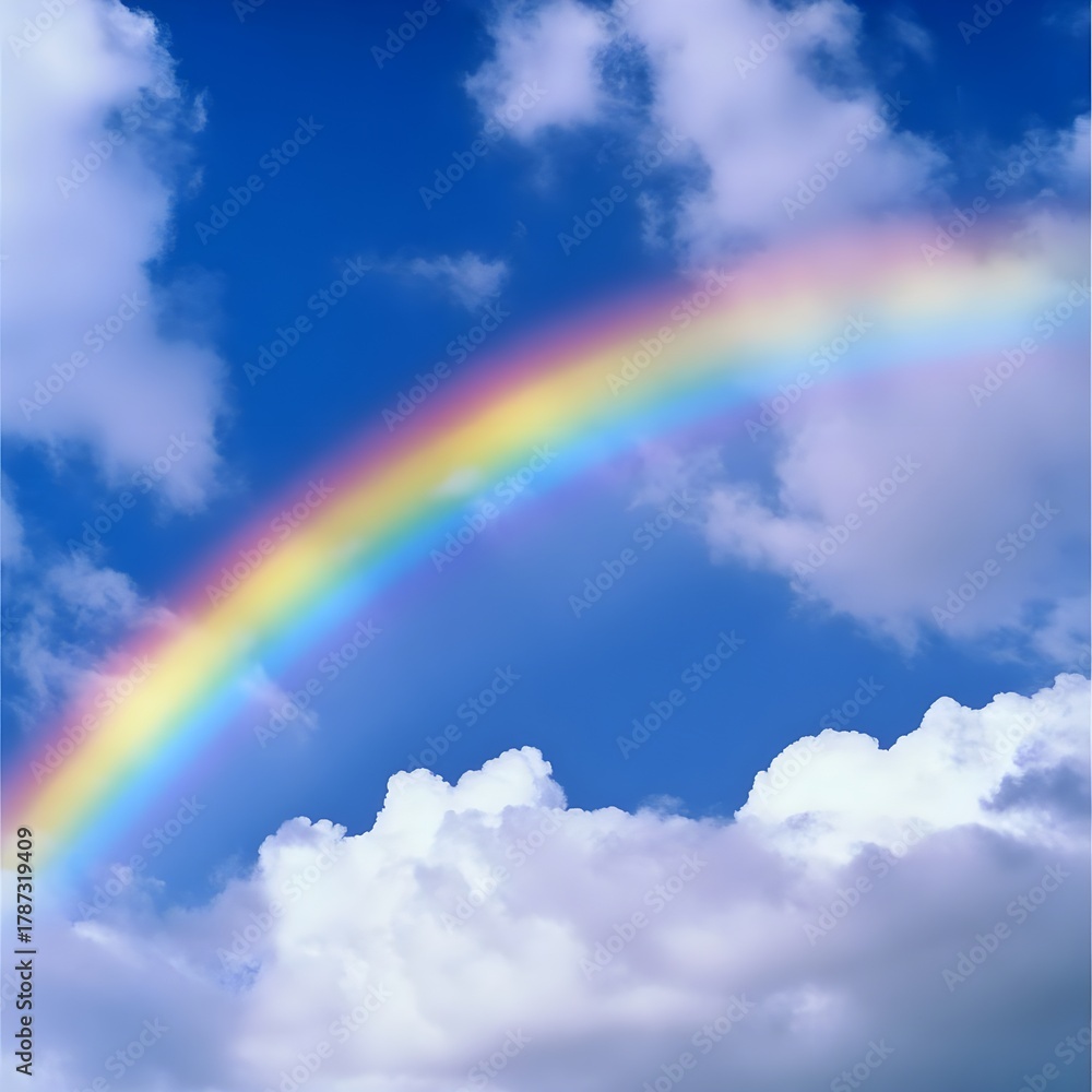 Naklejka premium Nature's colorful wonder rainbow in the sky cloudy day scenic view serene atmosphere