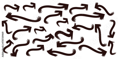Hand drawn messy brush stroke arrows pointing in different directions, vector illustration