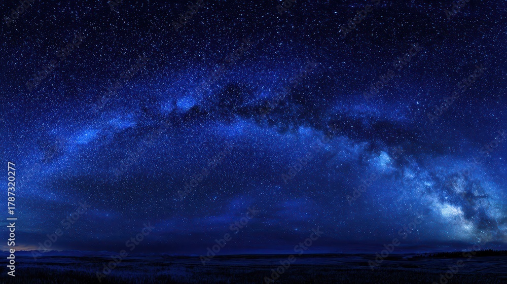 Fototapeta premium Starry blue night sky panorama showing the universe and nebula within a tranquil dark canvas