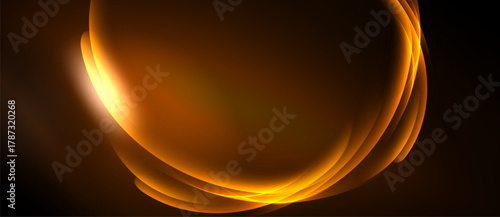 Abstract orange curves radiate from center. Dark background emphasizes glowing, smooth shapes. Warm tones dominate composition.