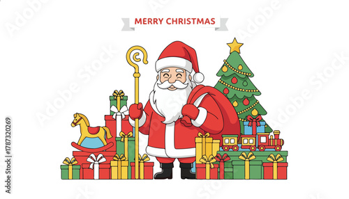 A jolly Santa Claus figure stands with a sack and staff, surrounded by presents and a decorated Christmas tree.