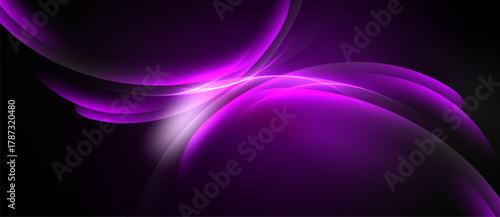 Abstract purple waves, flowing shapes, dark background. Bright light creates dynamic visual effect, smooth gradients present.