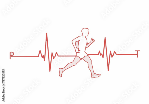 Vector graphic of running man silhouette centered on red EKG heartbeat line, symbolizing fitness and cardiology
