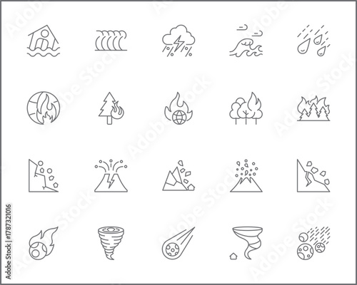 Set of disaster and storm Icons outline style. Contains such Icons as fire, landslide, flood, drought, Natural Disaster, tornado, lighting, fog, forest fire, tsunami, hurricane And Other Elements.