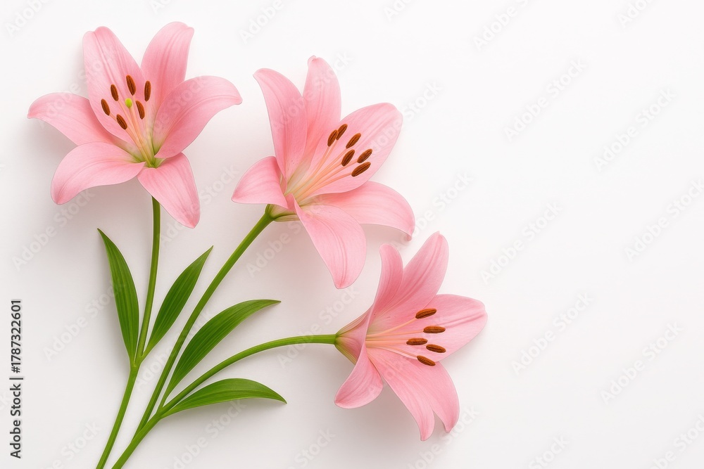 Obraz premium Pink lilies top down flat lay of three stems fanned in a gentle arc with generous copy space on white