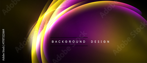 Abstract flowing lines create vibrant purple, yellow glow. Dark background emphasizes luminous curves, modern design element.