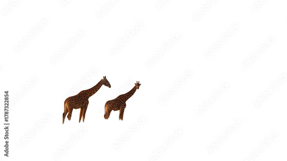 Fototapeta premium Cute baby giraffe illustration vector character on a white background, in the snow, and in the woods, highlighting its long neck and wild nature