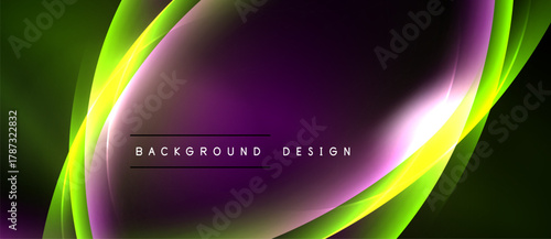 Abstract colorful waves create dynamic background. Purple, green, yellow hues blend smoothly. Modern design element for digital projects.
