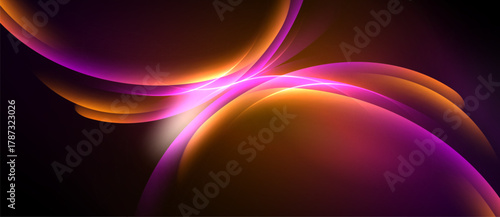 Abstract shapes, vibrant colors blend. Orange, pink hues dominate dark background. Smooth curves create dynamic composition.