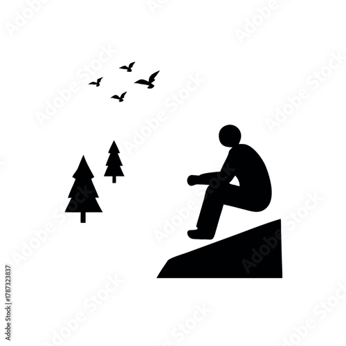 Man Sitting Quietly on Stone Ledge Watching Eagle in Sky Vector illustration