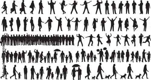 Large collection of diverse people silhouettes vector set isolated on white background
