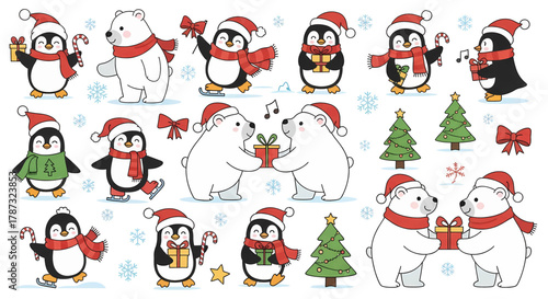 Cute cartoon polar bears and penguins celebrating Christmas with gifts and Santa hats.