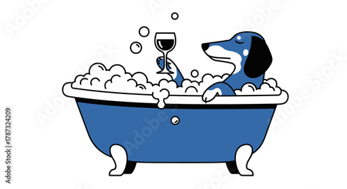 Dachshund dog relaxing in bathtub with wine glass funny cartoon art