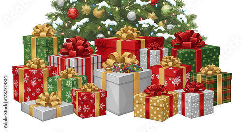 Festive Stack of Wrapped Christmas Presents with Bows.