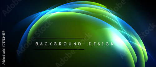 Abstract design features flowing curves, vibrant green, blue hues. Dark background emphasizes luminous shapes, modern aesthetic.