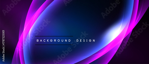 Abstract background features vibrant purple, blue curves. Central text reads background design over glowing oval shape. Dark borders frame composition.
