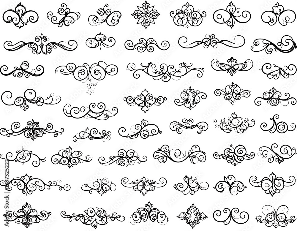 Fototapeta premium Collection of ornate, elegant, curling, black and white flourish designs