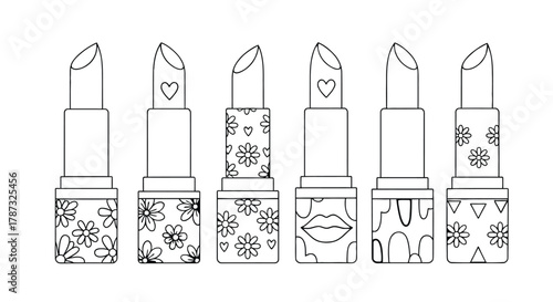 Illustrated lipsticks in various colors and patterns beauty products