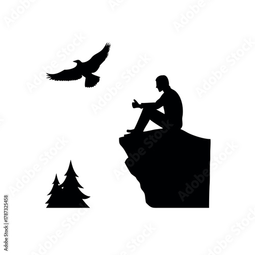 Silhouette of a Man Sitting at Edge of Rock Gazing at Serene Mountain View Vector illustration