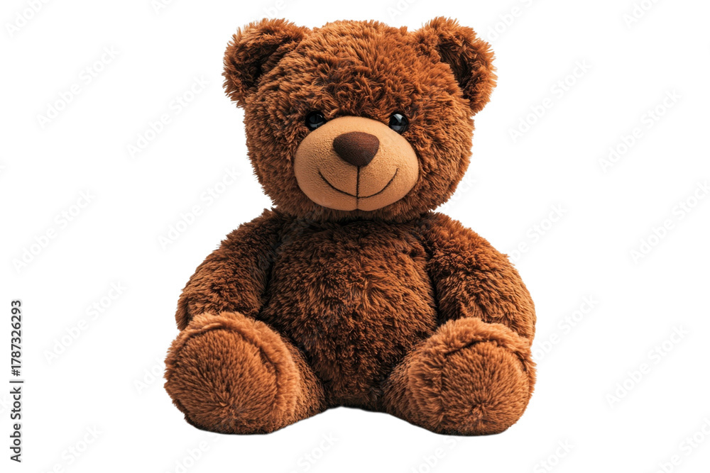 Fototapeta premium Cute brown teddy bear plush toy, fluffy stuffed animal character, cozy kids gift icon for nursery and baby products isolated on Transparent Background