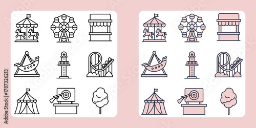 Amusement park and carnival icon set in outline and color variations