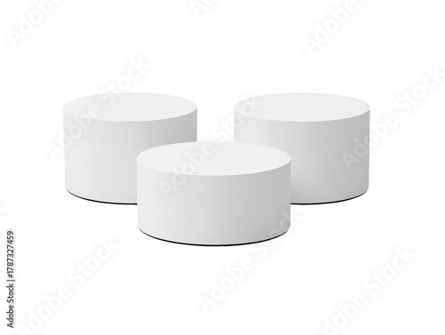 White cylindrical podiums minimal display stand modern geometric shape clean background product showcase empty platform simple design isolated studio lighting elegant presentation