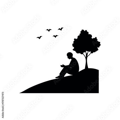 Man Sitting Under a Lone Tree on a Hill in Calm Natural Landscape Vector illustration