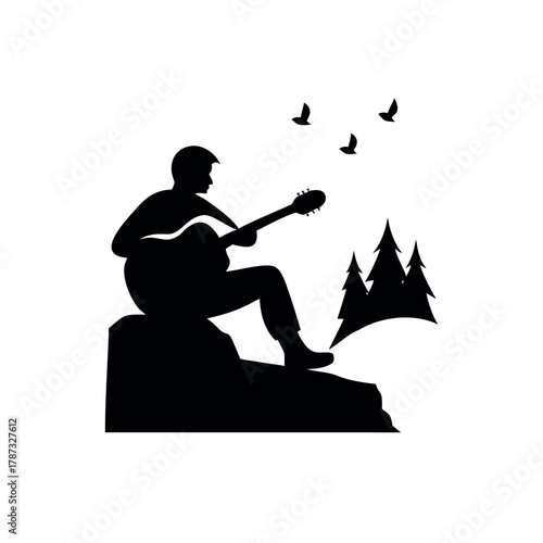 Man Sitting with Guitar on a Mountain Capturing Serene Moment Vector illustration