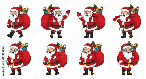 A set of eight cartoon Santa Claus character illustrations in various poses carrying a large red sack of gifts.