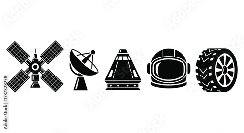 Vector space exploration icons set satellite antenna helmet and tire