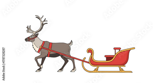 Reindeer pulling a red and gold sleigh ready for Christmas delivery.