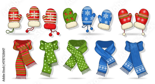A colorful collection of illustrated winter mittens and scarves with festive patterns.