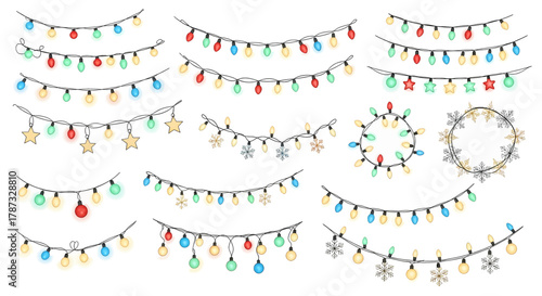Assortment of colorful festive string lights and decorative ornaments.