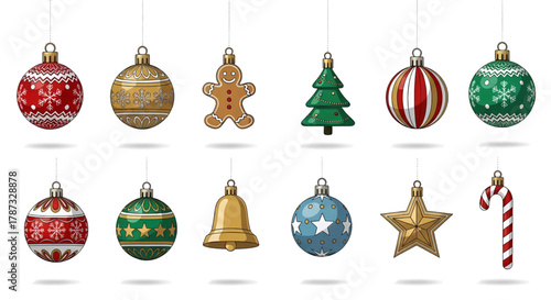 Assorted Christmas Ornaments: Festive Baubles Gingerbread Man Tree Star Bell and Candy Cane.