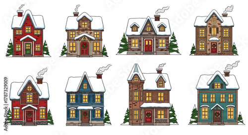 Festive Winter Village Houses with Snow-Covered Roofs and Chimneys.