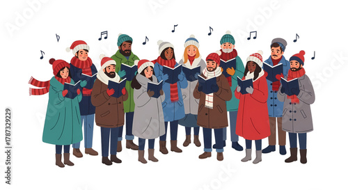 Group of Carolers Singing Christmas Carols in Winter Attire.