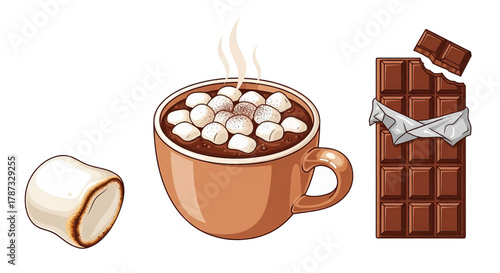 Steaming Hot Chocolate with Marshmallows and Chocolate Bar.