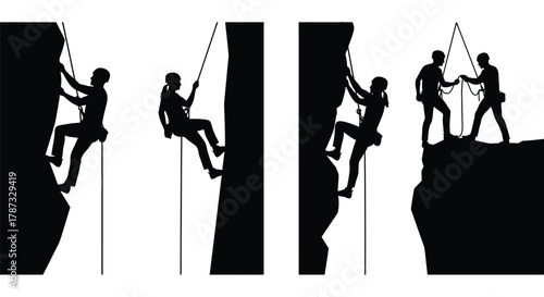 Rock climbing silhouette climbers rappelling adventure extreme sport