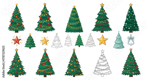 Assortment of Festive Christmas Trees with Decorations and Stars.