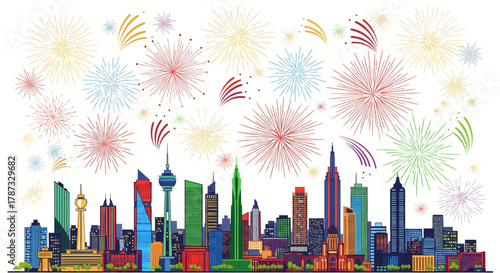 Vibrant Cityscape Silhouette with Colorful Fireworks Display.